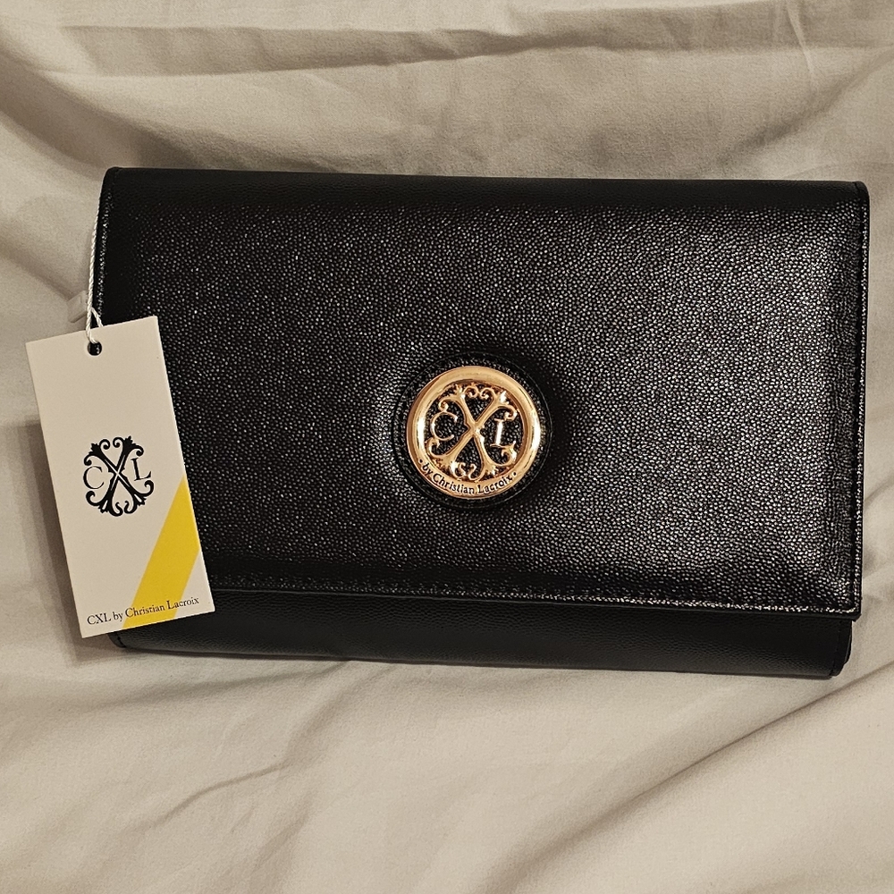 NWT Christian Lacroix Paris Caviar Clutch Detachable Chain Bag Purse Black